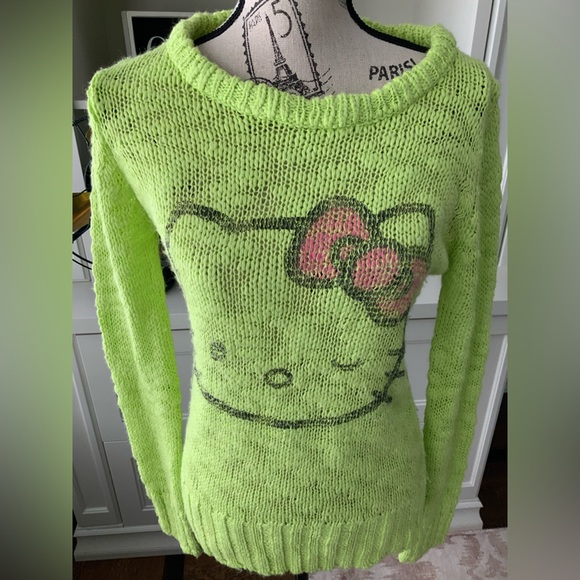 Y2K SANRIO HELLO KITTY Bright Green Graphic Knitted Women’s sweater SZ Medium - Picture 2 of 10
